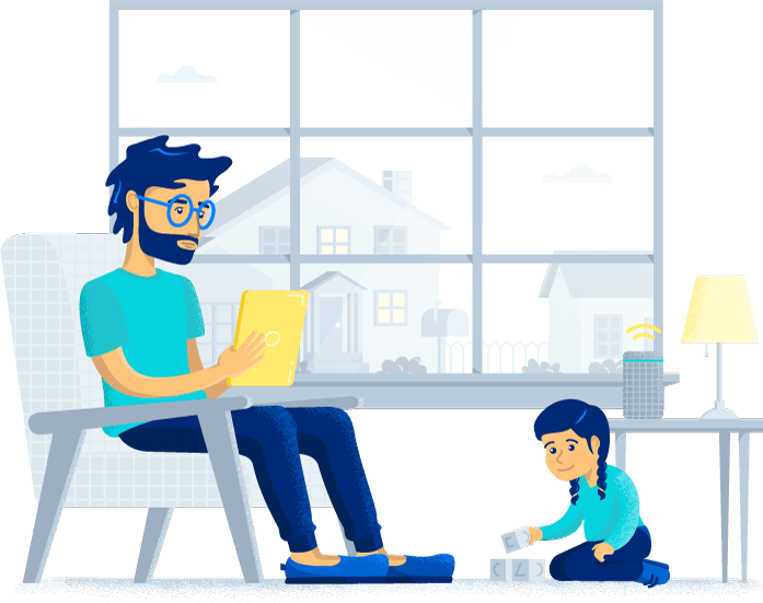 Иллюстрация отца и дочери в гостиной. Отец сидит в кресле и читает газету, а дочь играет с игрушкой на полу.
