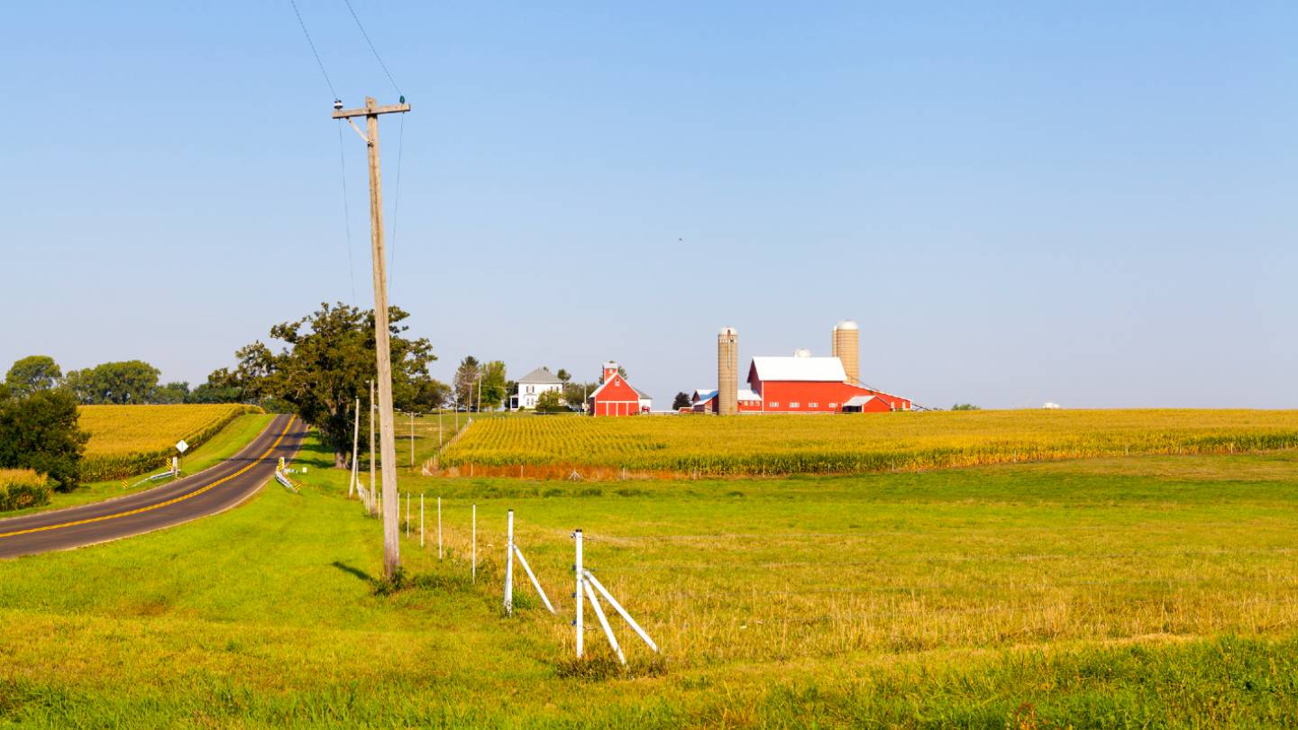 An American rural road, with a red barn in the background.