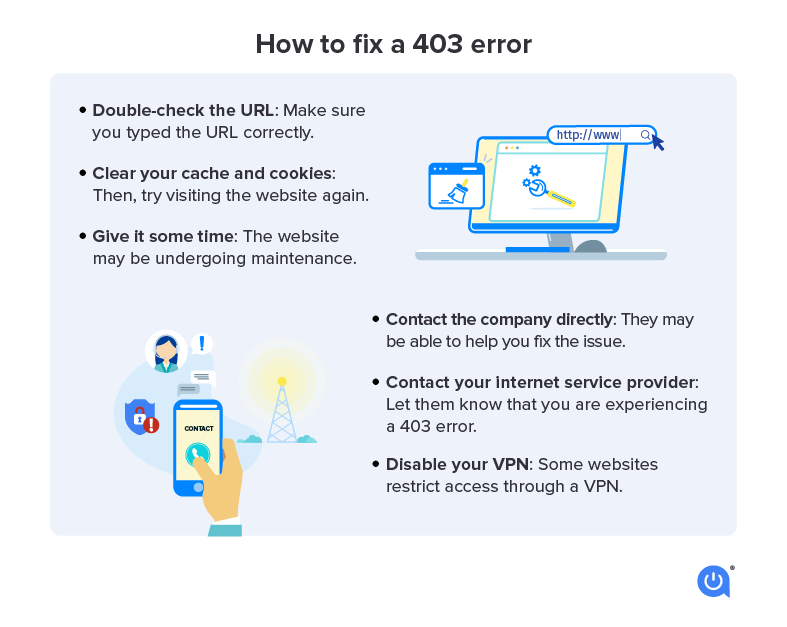 You can potentially fix a 403 error by clearing your cache and cookies, contacting the company or your ISP, or potentially disabling your VPN.